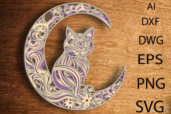 Cat and Moon 3D Mandala Svg Multilayer for Laser Cutting